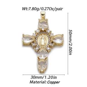 Detailed view of copper cross pendant with cubic zirconia inlay and measurements