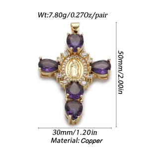 Detailed view of copper cross pendant with purple stones and Our Lady of Guadalupe relief