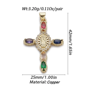 Detail showing 42mm gold copper cross pendant with colorful zircon stones and dimensions