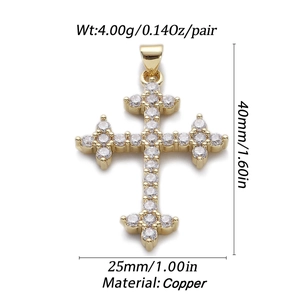 Detailed close-up of a gold-plated copper cross pendant with zircon stones and dimensions
