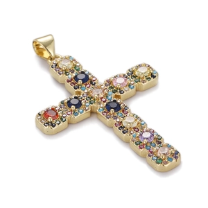 Exquisite gold-plated cross pendant with vibrant multi-colored micro-pave crystals