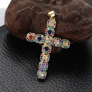 Exquisite gold-plated cross pendant with vibrant multicolor zircon pavé setting
