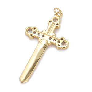 Detailed view of a gold cross sword pendant featuring eleven inlaid white cubic zirconia