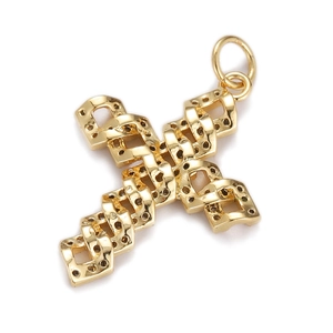 Close-up of golden cross pendant with intricate woven hollow design on white background