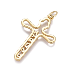 Close-up of a gold cross pendant featuring refined hollow geometric details and a polished finish