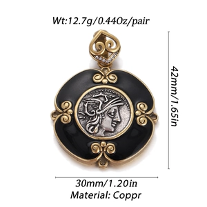 Detail showing dimensions of vintage coin pendant with black enamel and gold finish