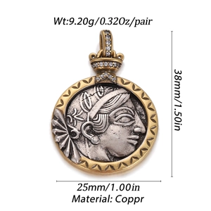 Detailed view of vintage Roman coin pendant with gold frame and crown bail with zircons