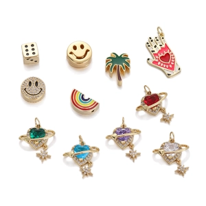 Copper DIY Jewelry Pendant Heart Planet Smiley Face Dice Coconut Tree Rainbow Charms Gold Plated Rhinestone Enamel Accessories