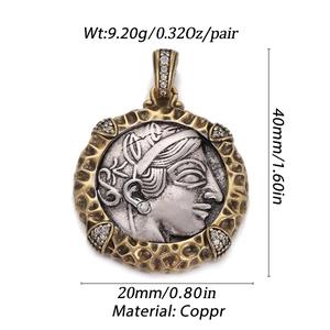 Detail of vintage bronze coin pendant with Athena relief and inlaid cubic zirconia