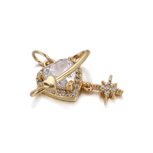 Golden heart planet pendant with clear cubic zirconia and star charm for jewelry making