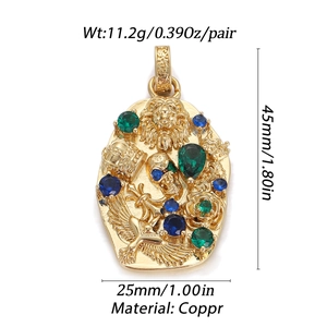 Detailed close-up of a retro gold lion and skull pendant with colorful gemstones
