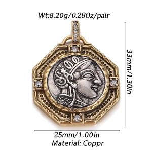 Close-up of octagonal vintage bronze coin pendant with Greek relief and zircons