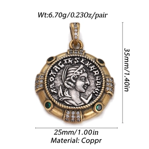 Detail of vintage Roman coin pendant with silver Apollo relief and green gemstone