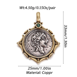 Detailed view of vintage bronze coin pendant with green emerald stone and 33x25mm dimensions