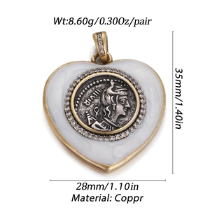 Macro detail of a vintage bronze coin pendant with white enamel and heart-shaped copper base