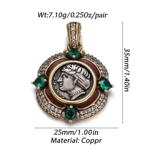 Detailed view of bronze coin pendant with emerald green gems and zircon accents