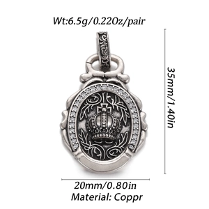 Detailed specs of vintage crown oval pendant with zircon inlay and copper material