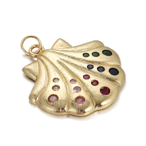Vintage 18K gold-plated shell pendant with colorful zircon stones and brushed texture