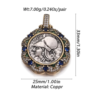 Detail of vintage coin pendant with Greek goddess relief, blue crystals, and green enamel