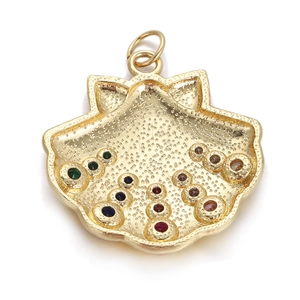 Hip hop style gold shell pendant with colorful gemstones and textured metal detail