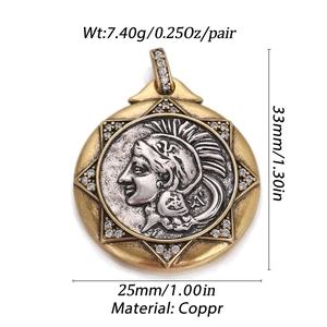 Detail view of vintage bronze coin pendant with ancient warrior relief and dimensions