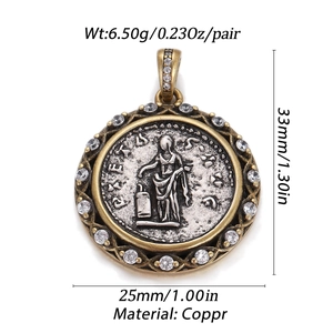 Detail view of vintage roman coin pendant with white rhinestones and product measurements