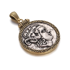 Vintage Roman war god bronze coin pendant with two-tone gold relief and ornate frame