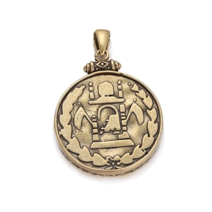 Vintage bronze round pendant with embossed Roman God and All-Seeing Eye detail