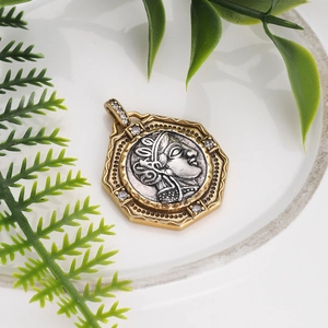 Octagonal vintage coin pendant with gold finish and Roman warrior portrait detail