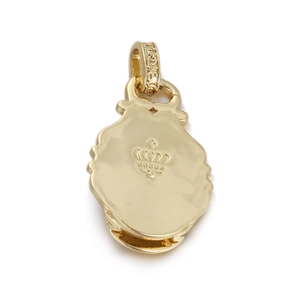 Macro view of golden crown engraving on a polished vintage shield locket pendant