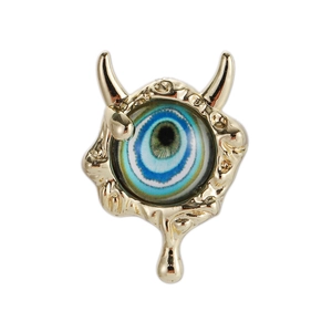 Golden devil eye stud earring with fluid metal design and blue enamel eye detail