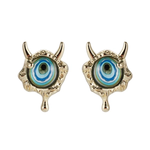 Gothic demon eye stud earrings with molten gold texture and blue concentric eye design