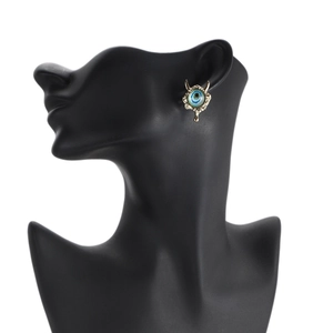 Gothic evil eye stud earrings in gold finish with horns and teardrop metal pendants