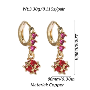 Detailed view of 18K gold plated earrings with red zircons and size specifications