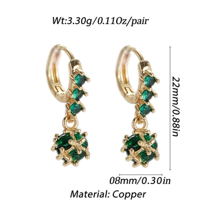 Close-up of 18K gold plated drop earrings with green gemstone sphere and size details