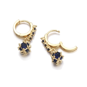 Detailed macro view of 18K gold plated hoop earrings with blue zircon drop pendants