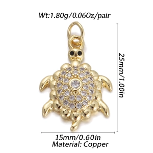 Technical drawing of a gold turtle pendant with dimensions 25x15mm and cubic zirconia