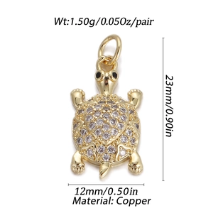 Detailed dimensions of a gold-plated turtle pendant with cubic zirconia stones