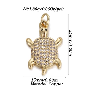 Detailed view of turtle pendant with white zircons and dimensions 25mm by 15mm