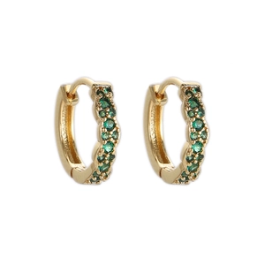 Elegant gold-plated geometric hoop earrings with wavy green zircon stones on white background