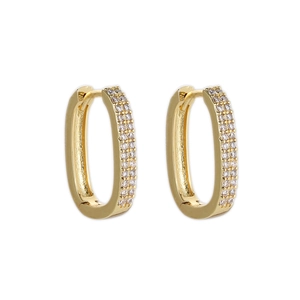 Detailed macro view of oval gold-plated hoop earrings with double row micro-paved zircons