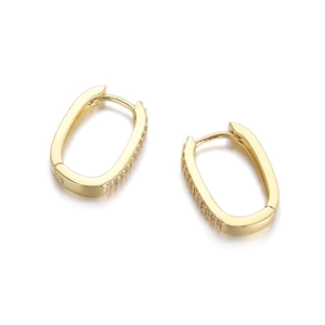 Detailed view of gold plated U-shaped hoop earrings with sparkling zircon micro-inlay