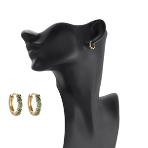 Chic gold-plated round hoop earrings with micro-pave green stones and snap closure