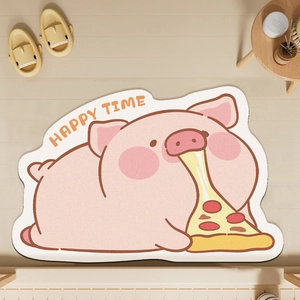 Cute cartoon pig diatom mud bathroom mat with absorbent anti-slip texture and pizza design