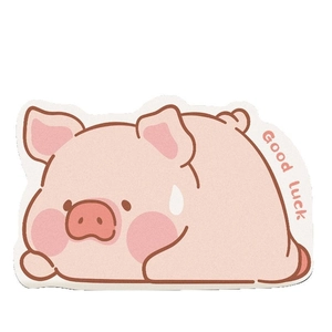 Pink cartoon pig diatom mud bath mat with Good Luck slogan and non-slip surface