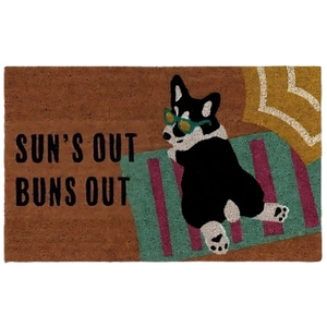 Brown rectangular cartoon Corgi door mat with Sun's Out Buns Out beach design