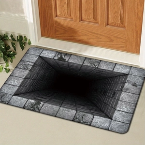 Detailed 3D visual illusion door mat with deep grey stone vortex design on wood floor
