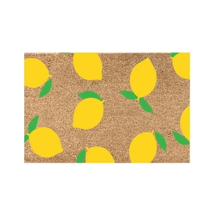 Detail of the woven texture and bright lemon pattern on the brown entryway doormat