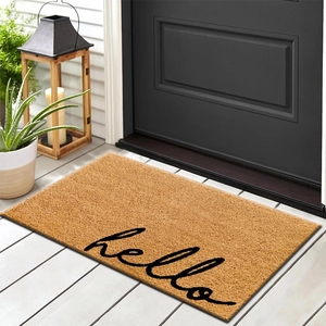 Rectangular brown coir doormat with hello script design for home entrance decor