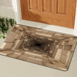 Detailed view of rectangular 3D optical illusion door mat with deep wood block pattern